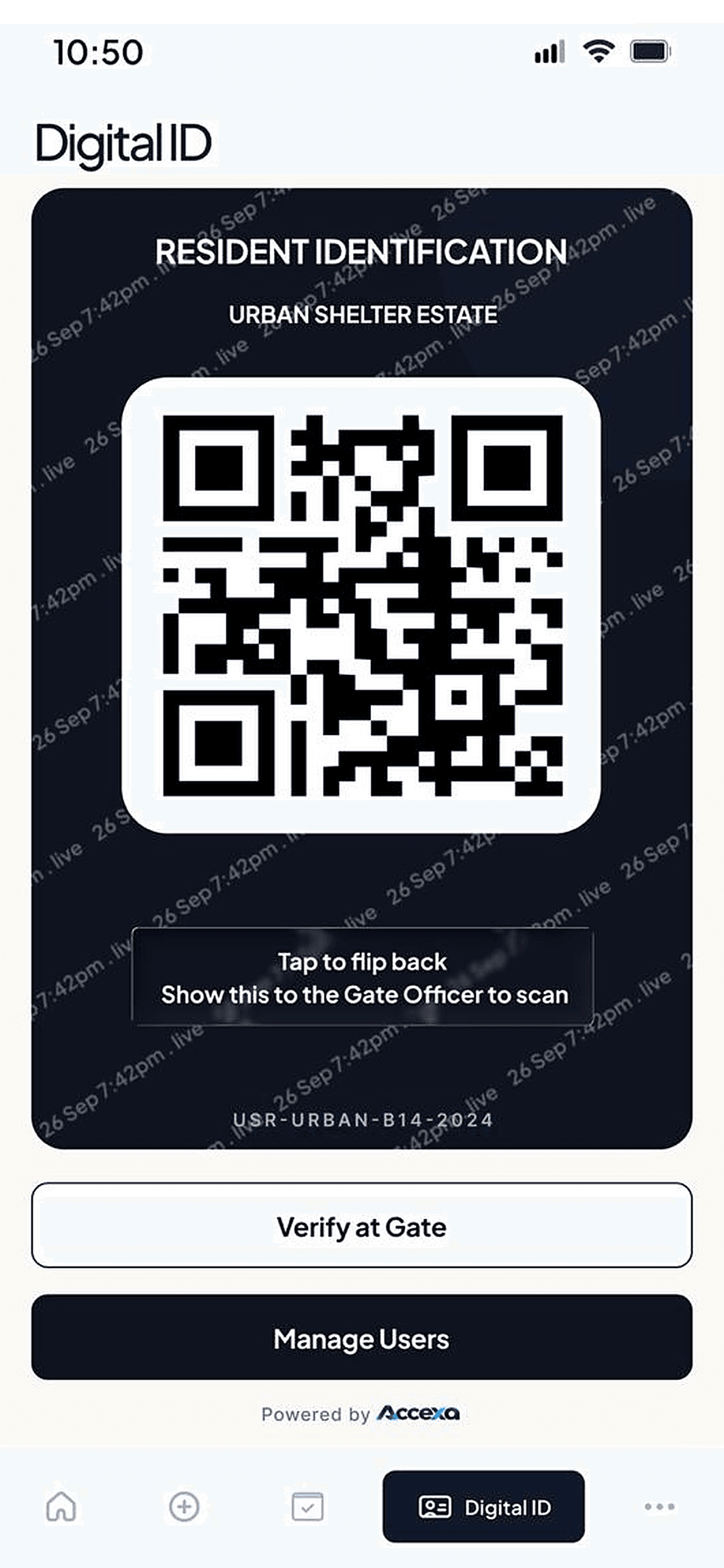 The back of the Accexa Digital ID: a QR code to show the gate officer to scan.