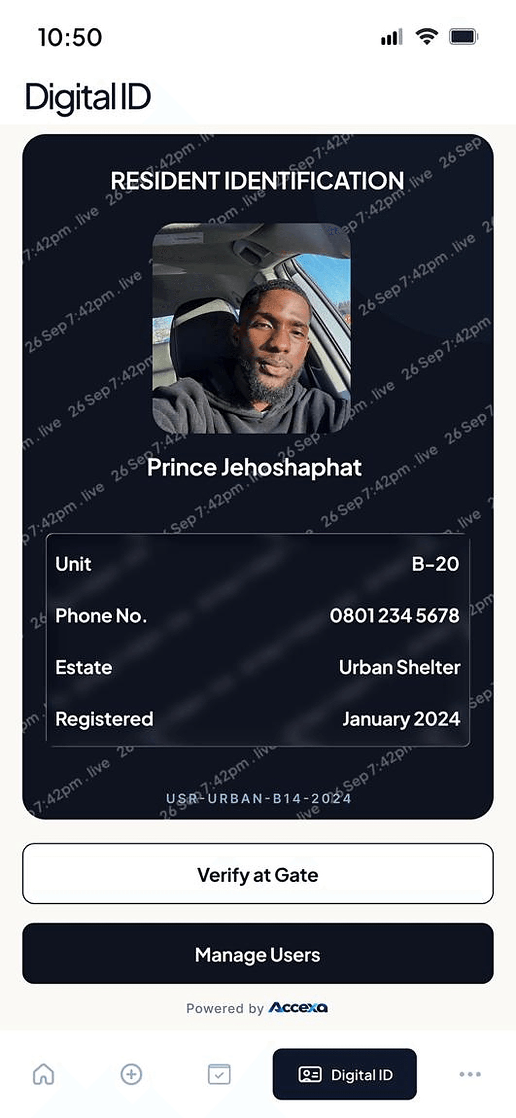 The Accexa resident Digital ID: photo, unit, estate and registration date, under a live date-and-time watermark.