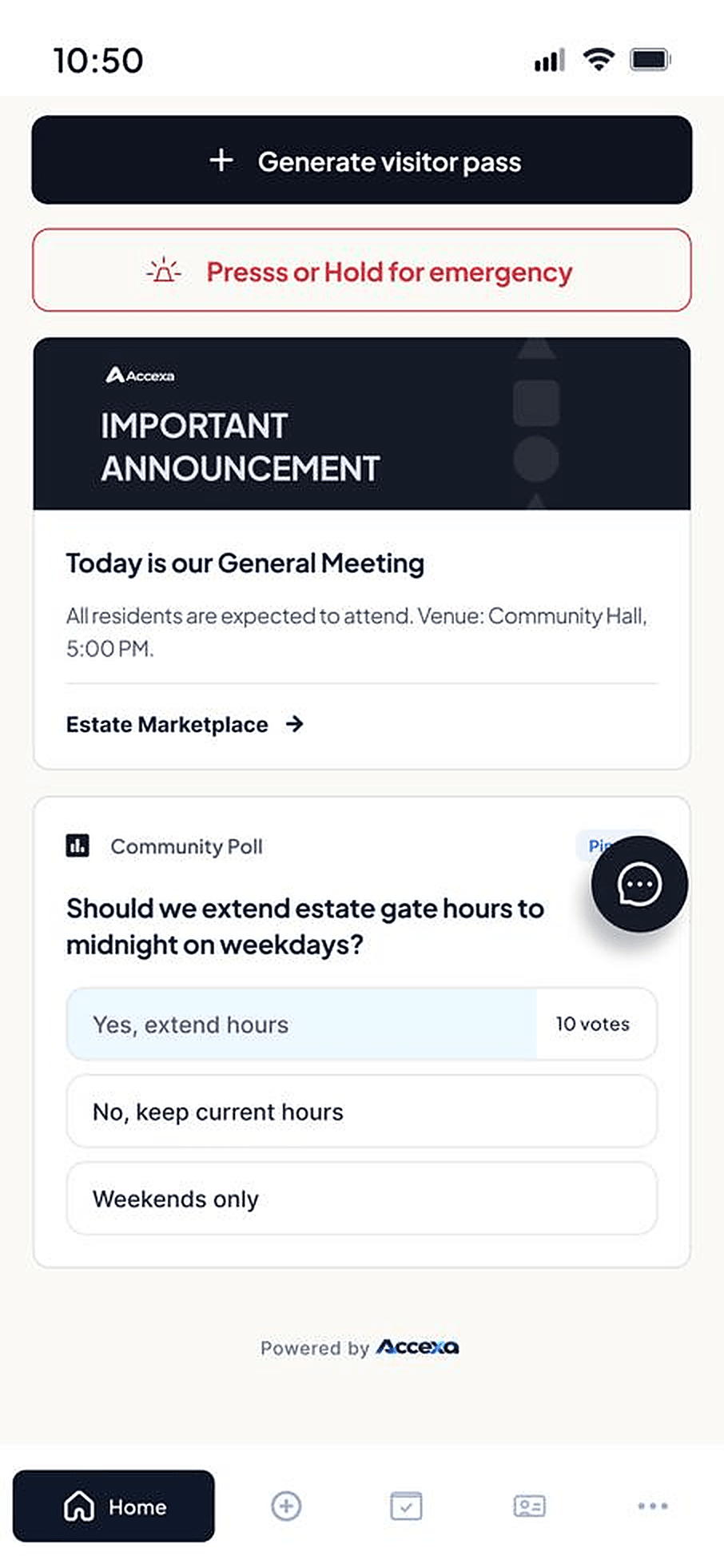 The Accexa home screen scrolled to an estate announcement and a community poll asking whether to extend gate hours.