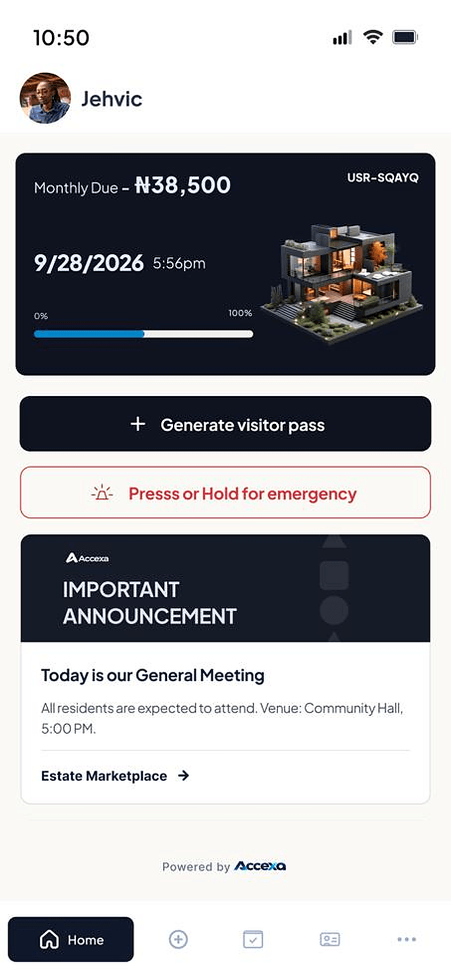 The Accexa resident home screen: the monthly estate due, a Generate visitor pass button, an emergency button and an important announcement.