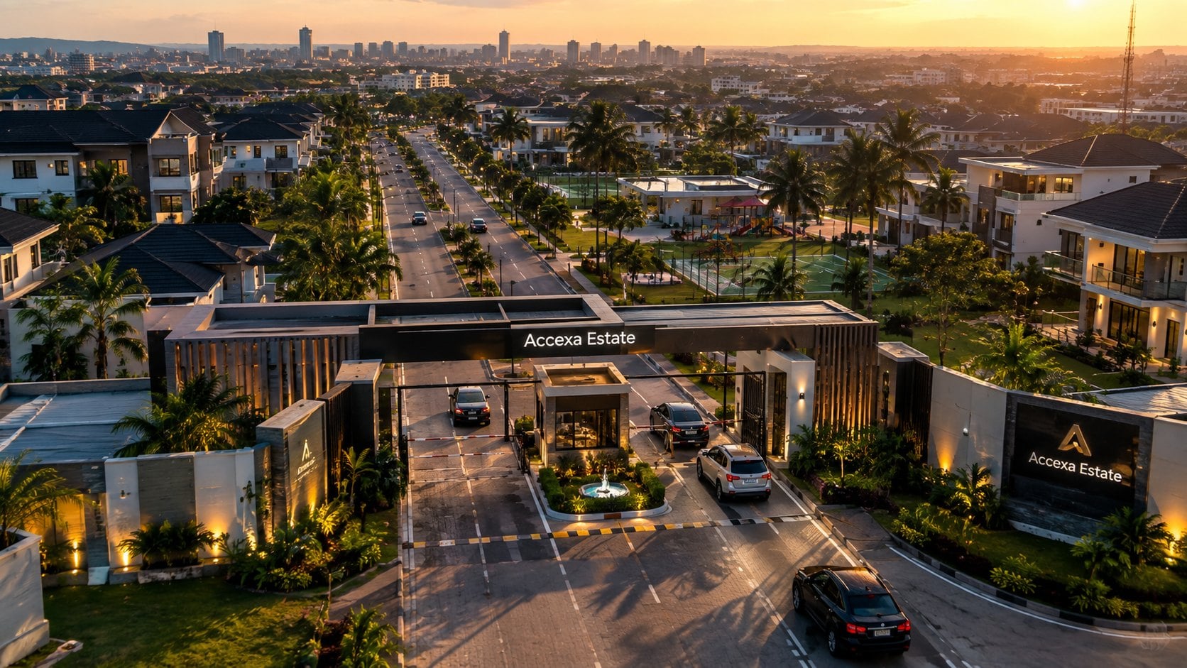 Aerial view at sunset of a gated estate entrance, with cars queued at the gatehouse and palm-lined roads, homes and a playground beyond.