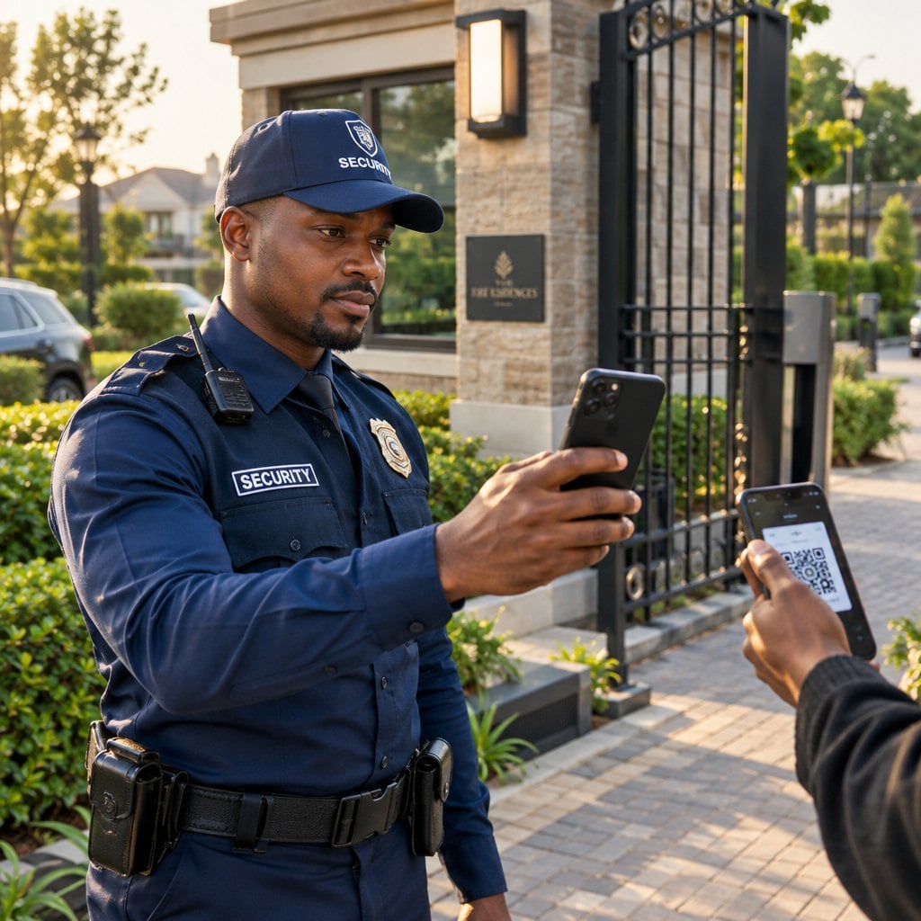 An estate security officer at the gate holding up his phone to scan the QR code on a resident’s Digital ID.